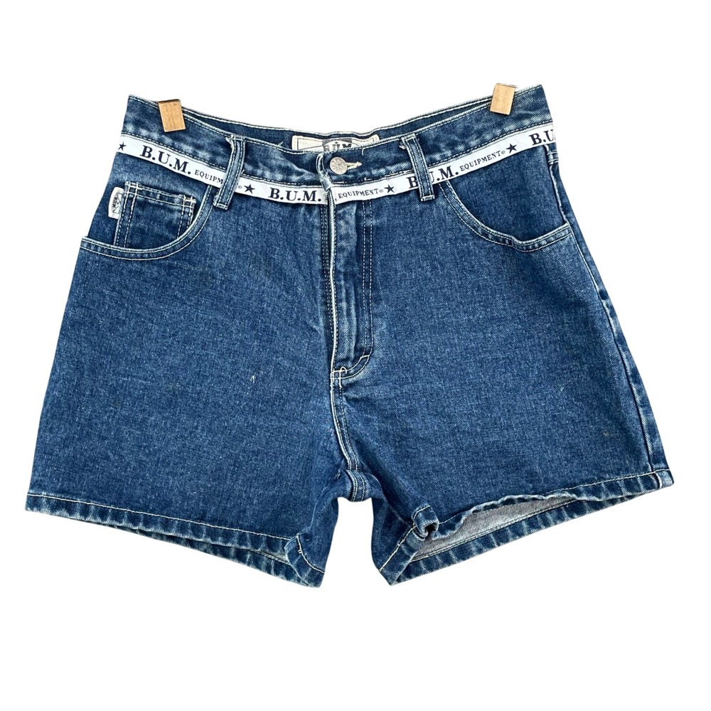 B.U.M. Equipment Denim Shorts Womens 11/12 Blue Vintage High Waist Logo Tape Y2K